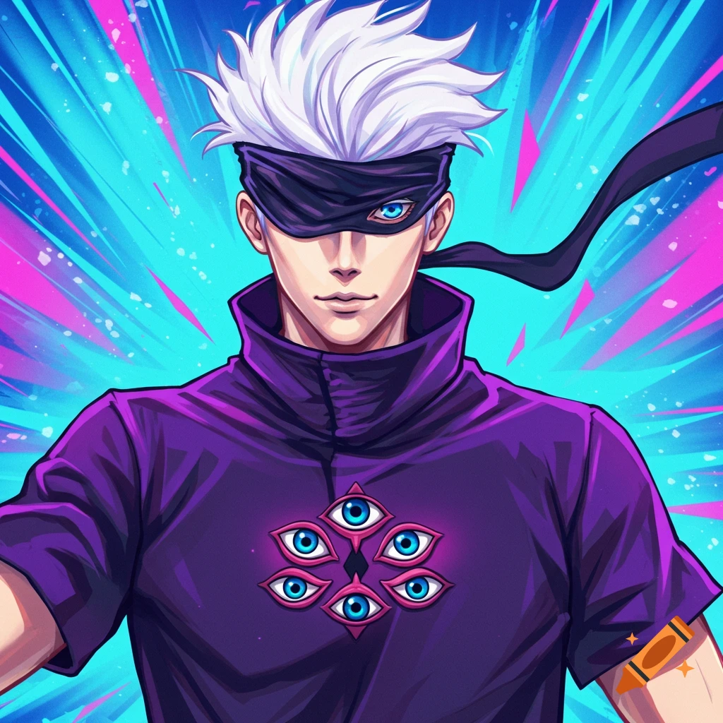Anime portrait of a man with white hair and blindfold wearing a purple shirt with multiple eyes against a blue and pink background.