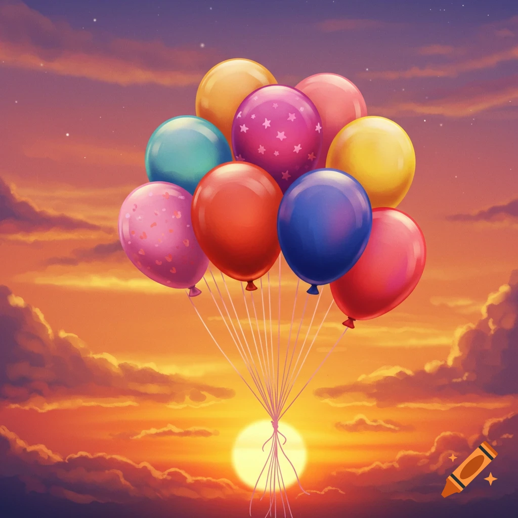 Colorful balloons float in a dramatic sunset sky.