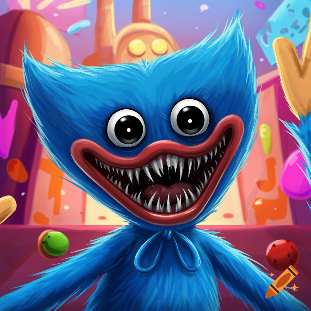 Blue monster Huggy Wuggy with sharp teeth and wide eyes in a colorful image.