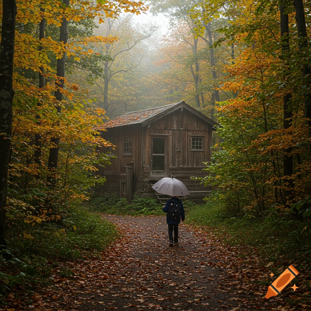 A person with an umbrella walks down a leaf-strewn path towards a wooden cabin in an autumn forest.