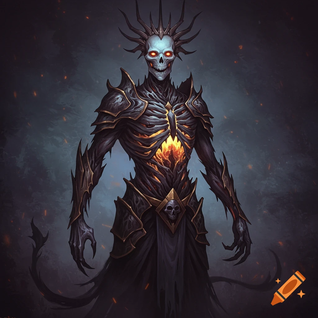 A skeletal monster in dark armor with glowing red eyes and chest.