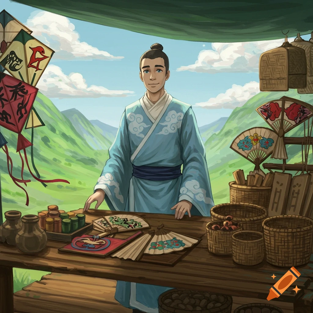 A young merchant sells kites and fans at a market stall outdoors.