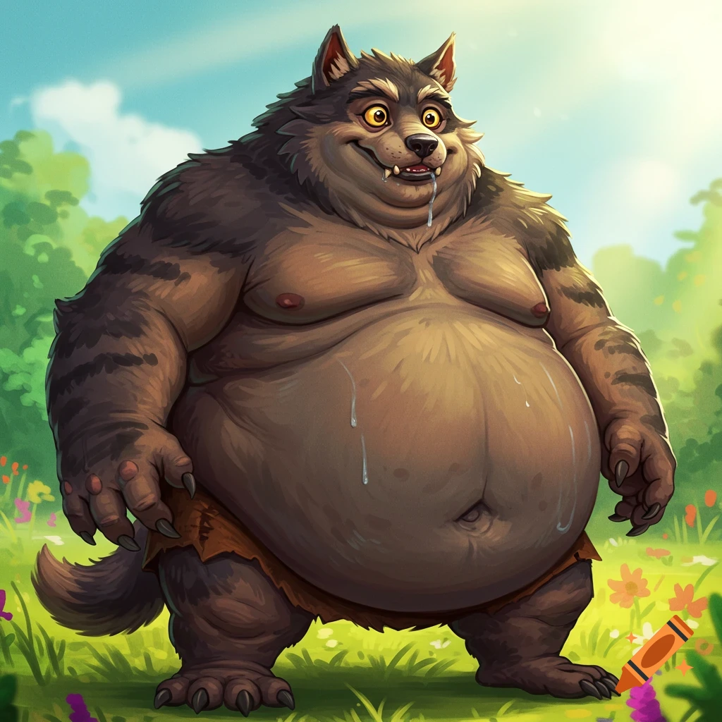 A fat humanoid wolf stands in a grassy field.