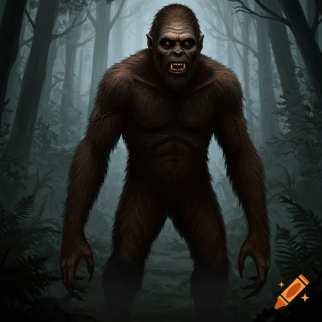A creepy Sasquatch stands in a dark forest.