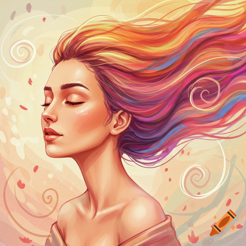 A woman with closed eyes and vibrant, flowing hair is depicted against a swirling background.