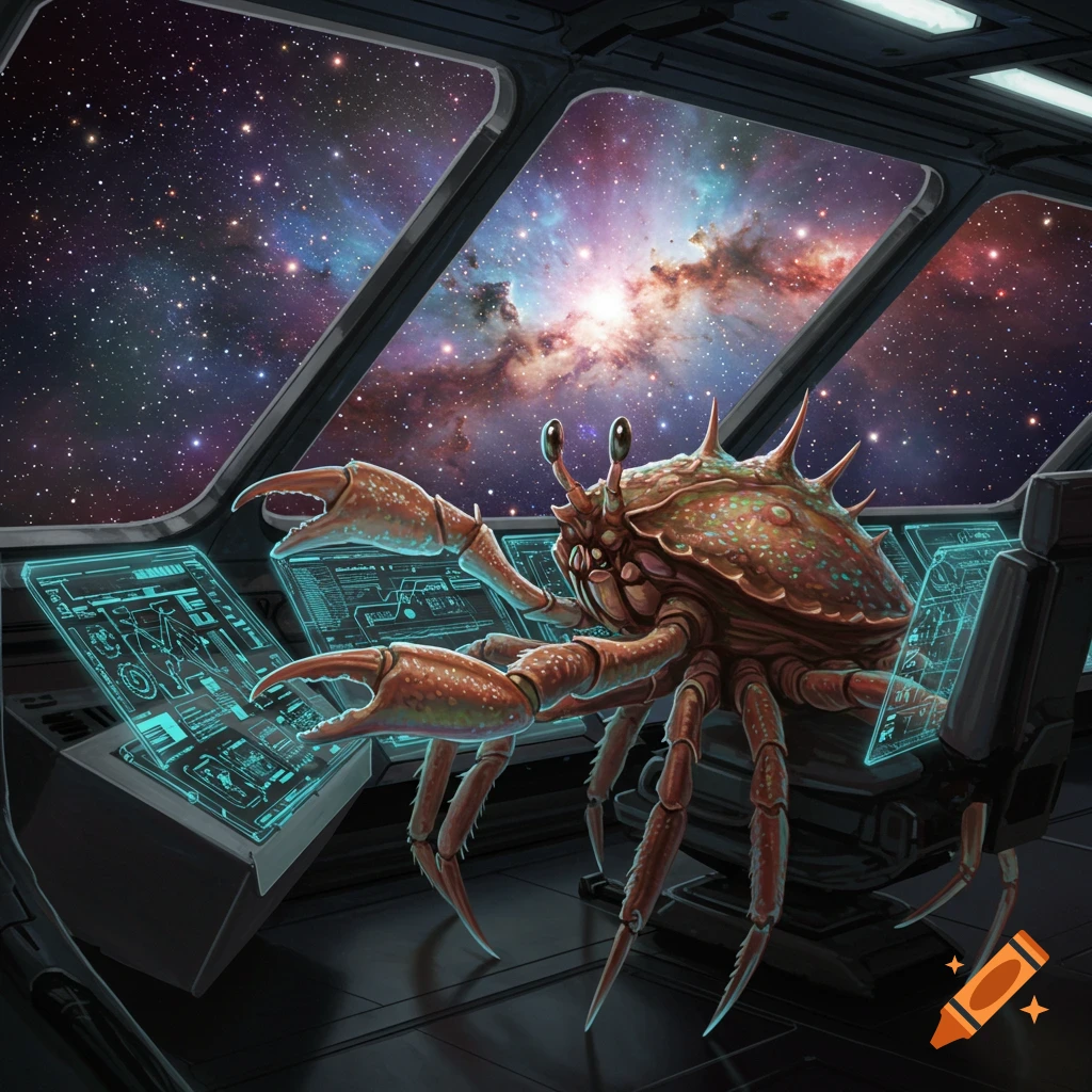 A crab piloting a spaceship and looking out at a galaxy view.