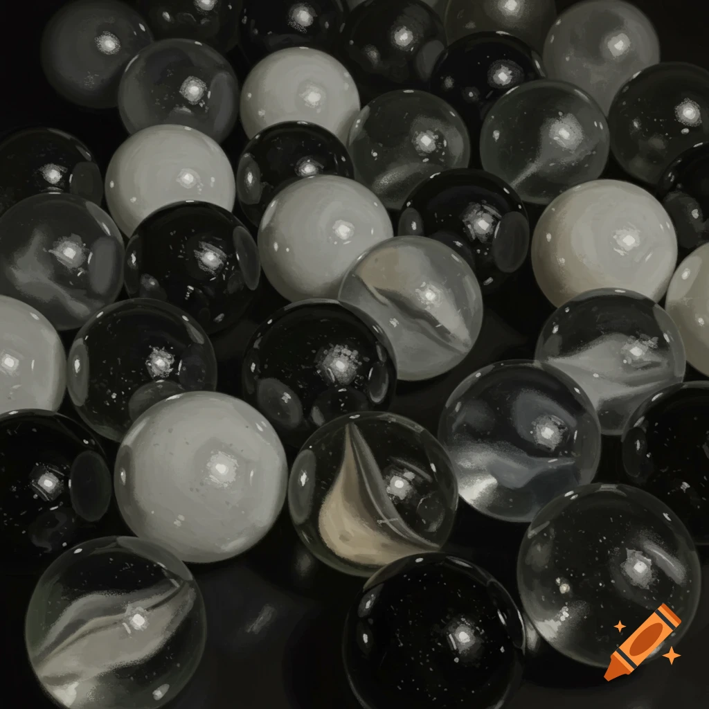 A close-up of scattered black, white, grey, and swirled tan glass marbles.