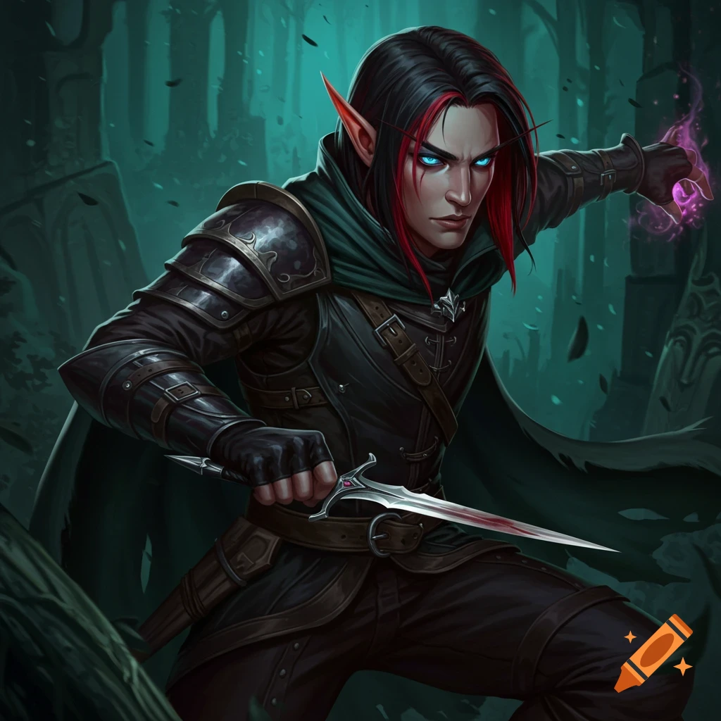 A male fantasy rogue elf with black hair, red streaks, and glowing blue eyes, holding a dagger and casting a spell.