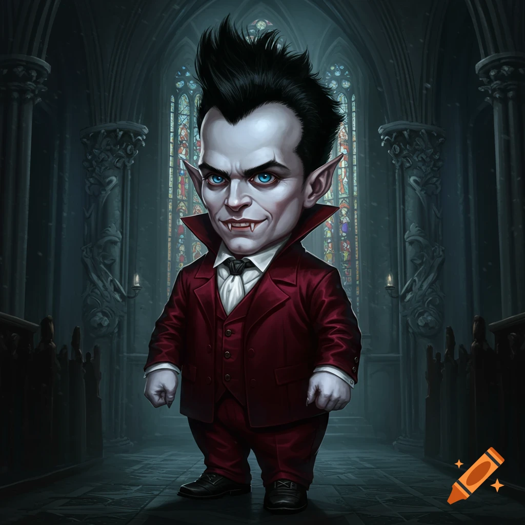 A short, cartoony vampire in a red suit standing in a gothic church.