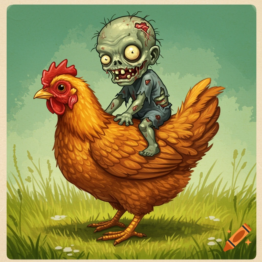 Cartoon baby zombie rides a chicken in a grassy field