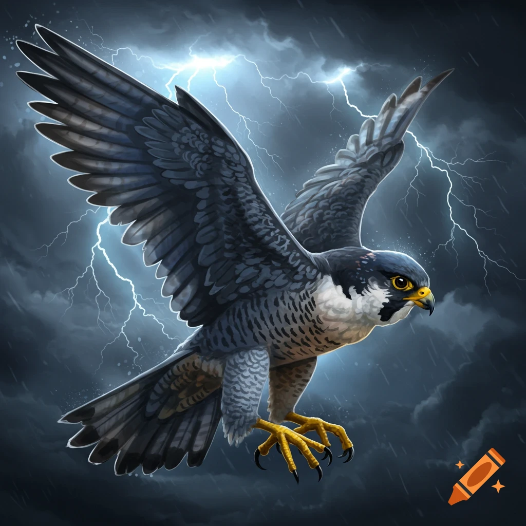 A peregrine falcon flies through a thunderstorm with lightning.