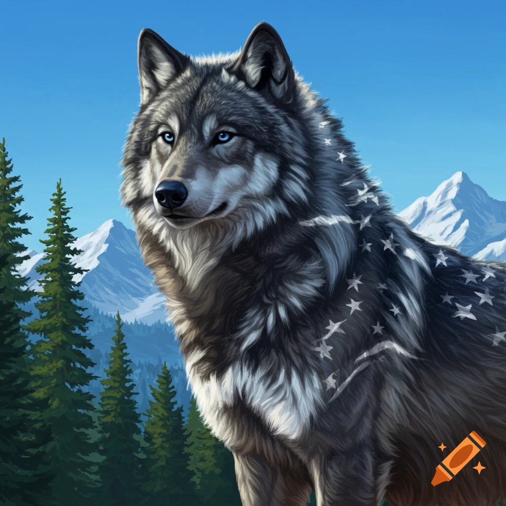 A wolf with blue eyes and star patterns on its fur, standing in a mountain forest landscape.