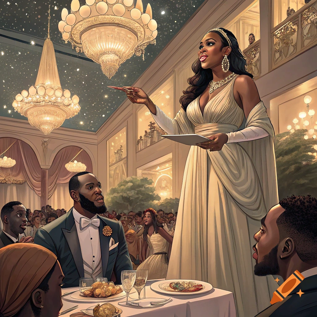 A woman in a formal gown speaks at a grand event, pointing towards the audience seated at tables.