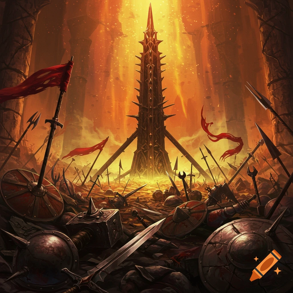 A dark fantasy battlefield with a spiky tower, scattered weapons, shields, and fallen armor under an orange sky.