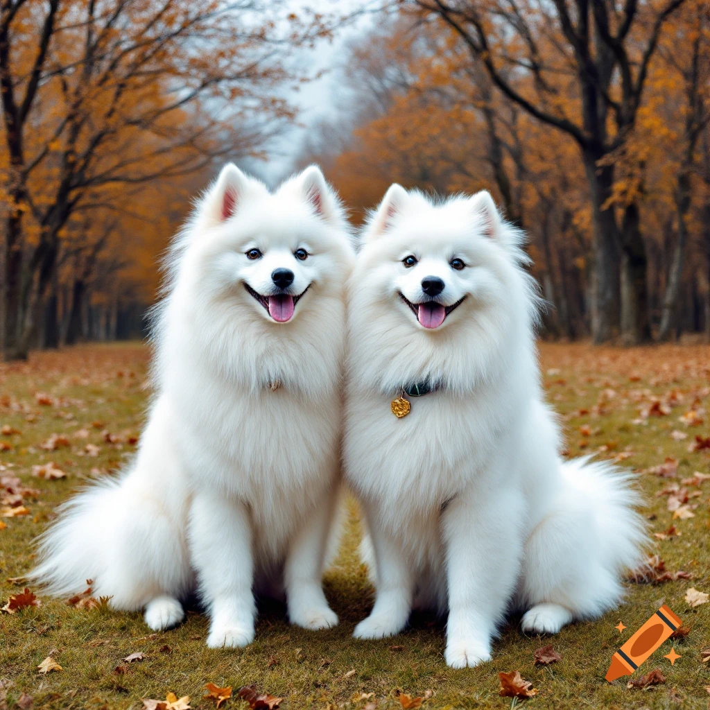 Two white fluffy Samoyed dogs sit side-by-side in a photorealistic autumn park with fallen leaves.