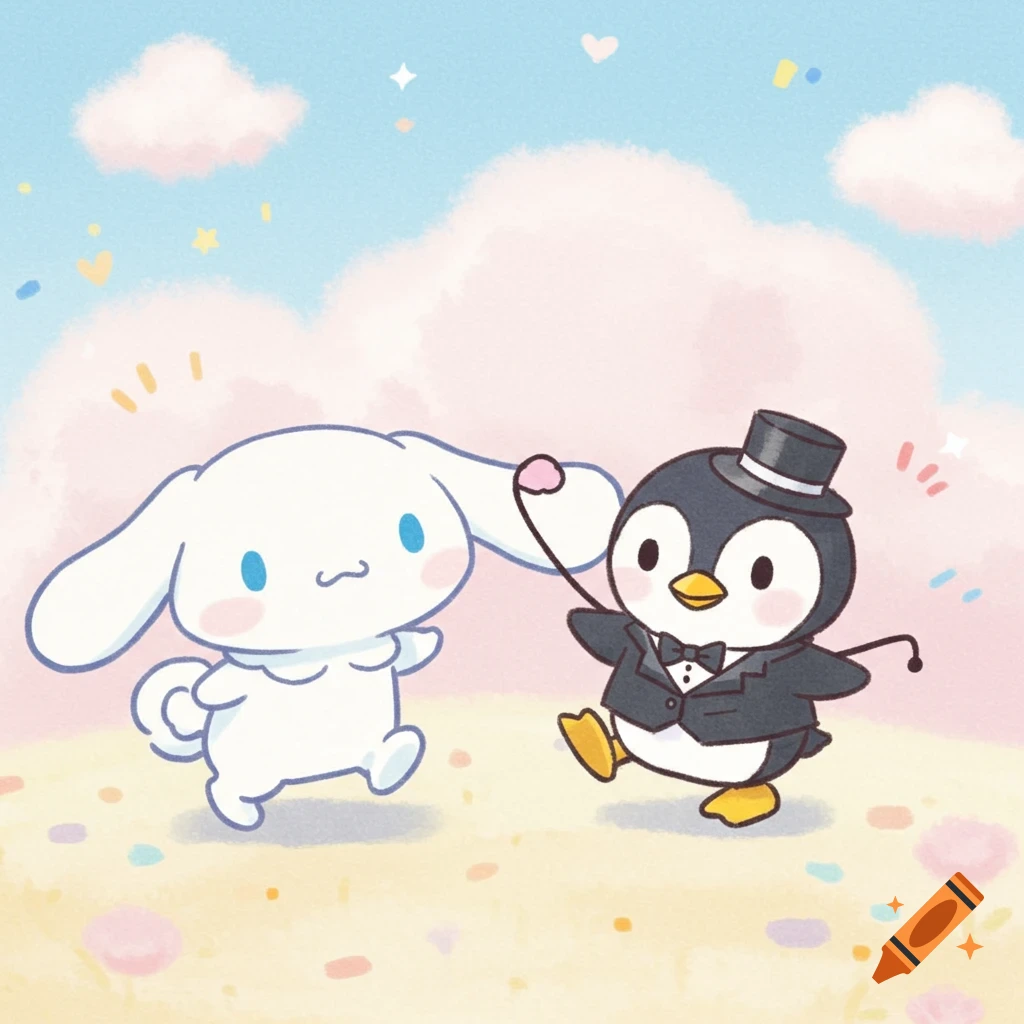 Cinnamoroll and Tuxedo Sam characters running together in a cute illustration style.
