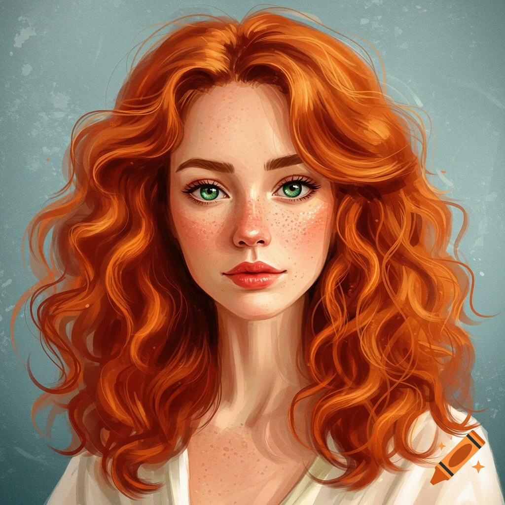 Young woman with long red curly hair, green eyes, and freckles