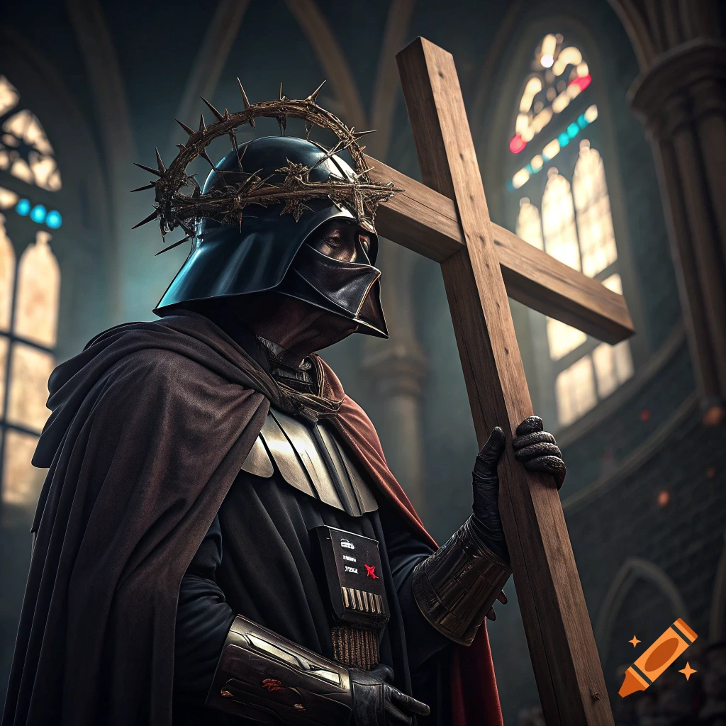 Darth Vader wears a crown of thorns and carries a wooden cross in a church.