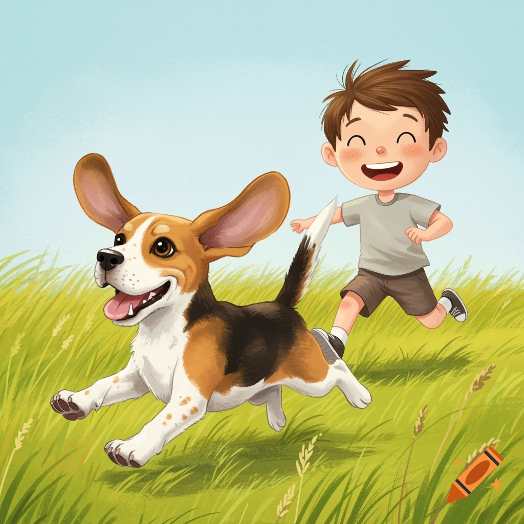 Children's book illustration of a boy and a beagle dog running happily through a grassy field.