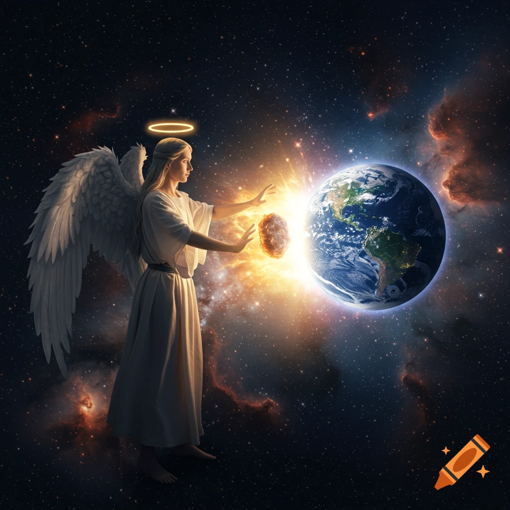 An angel with large white wings in space holds a glowing object between their hands and the Earth.