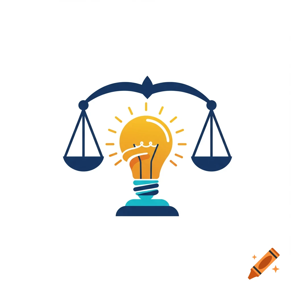 A logo design featuring a scale of justice with a glowing lightbulb in the center.