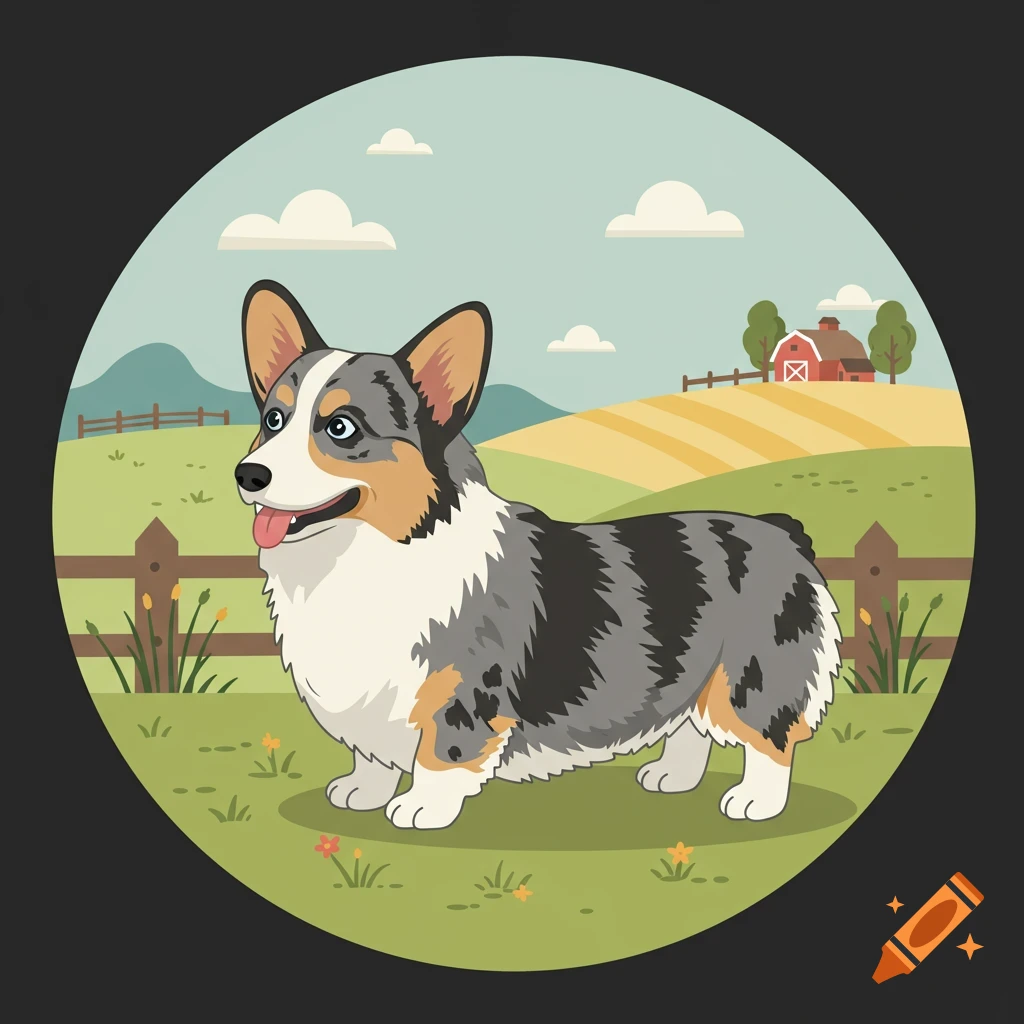 A flat vector illustration of a blue merle corgi in a farm field within a circle.