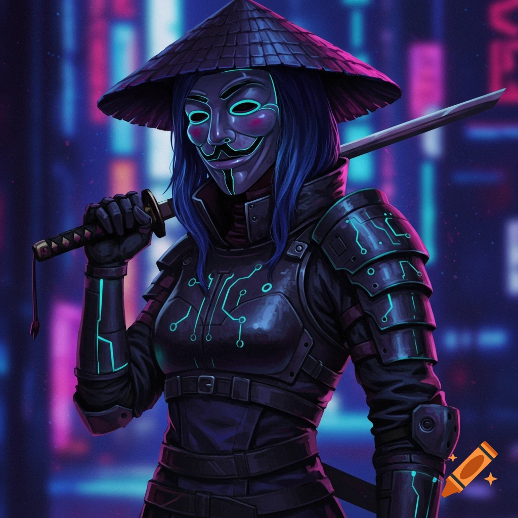 A person in a Guy Fawkes mask and cyberpunk armor holds a sword in a neon city.