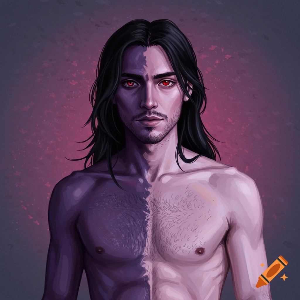 Painting of a man with long dark hair, red eyes, and half his skin dark purple, half light.