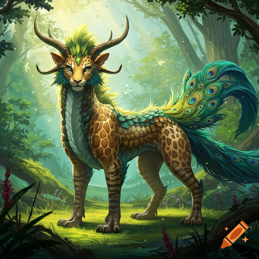 A fantasy creature with giraffe spots, peacock tail, and horns stands in a forest.