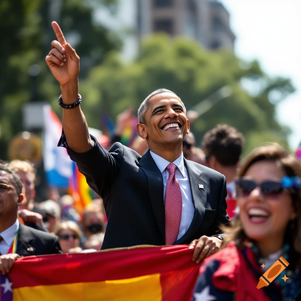 Barack Obama smiles, pointing up, in a diverse crowd at a pride parade. Photorealistic.
