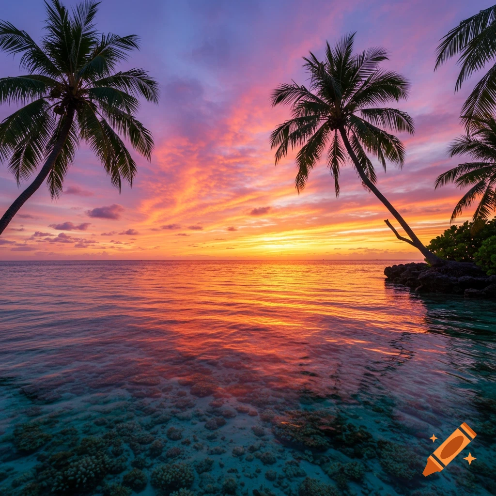 Tropical sunset with palm trees over clear water showing coral reef