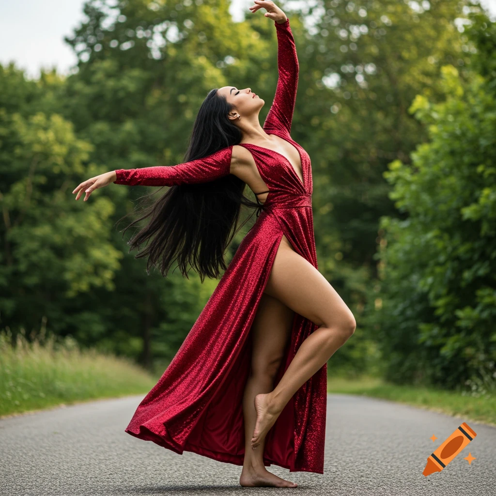 A woman in a sparkling red dress dances outdoors with arms raised.