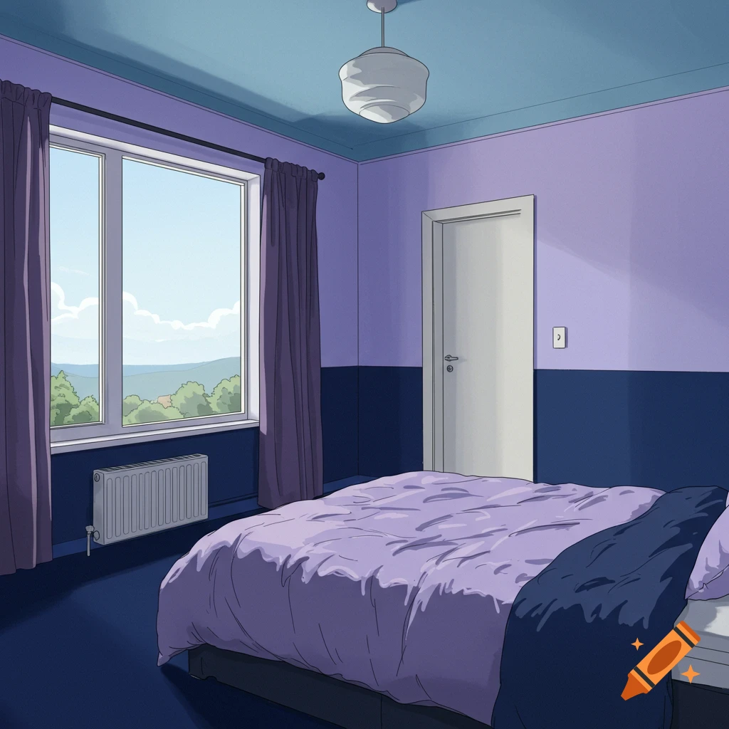 A bedroom with lilac and navy walls, a blue ceiling, a bed, and a window view.