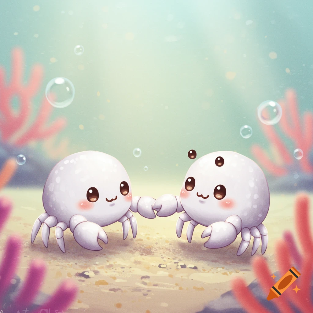 Two cute cartoon white crabs holding claws underwater