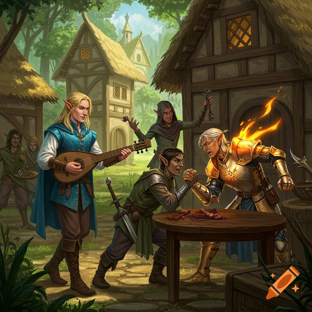 A fantasy village scene with elves playing music and arm wrestling.