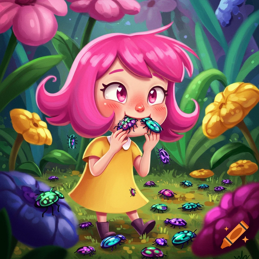 A pink-haired girl is eating colorful bugs in a fantasy garden.