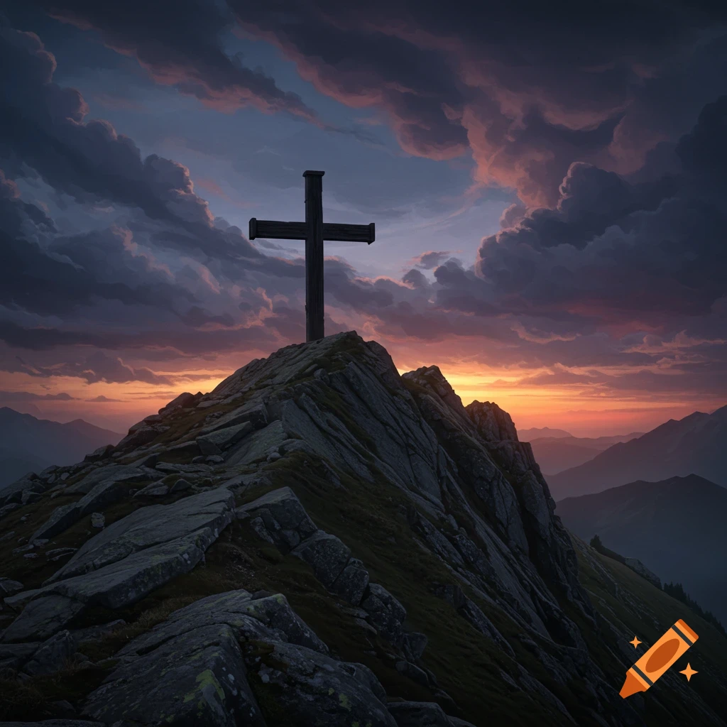 A cross on a rocky mountain peak under a dramatic sunset sky.