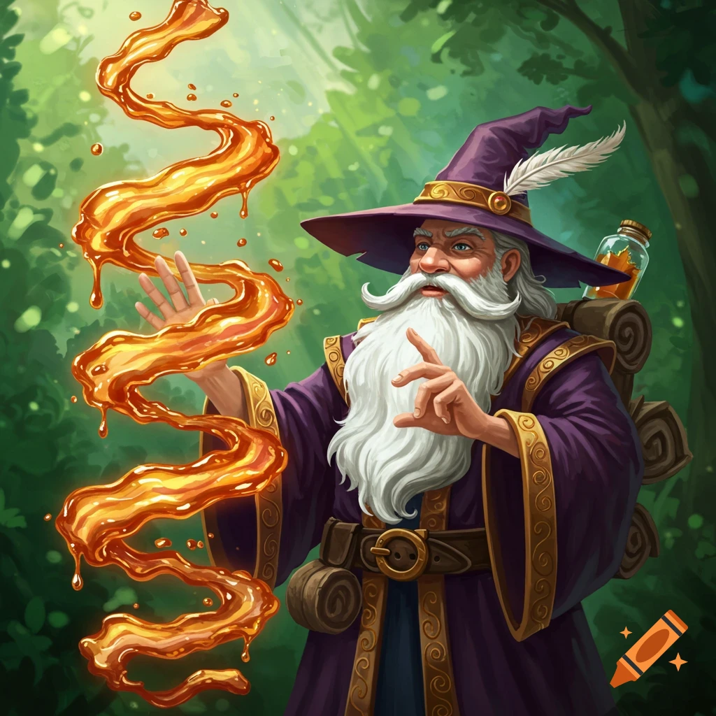 A wizard casts a spell of dripping golden liquid in a forest.