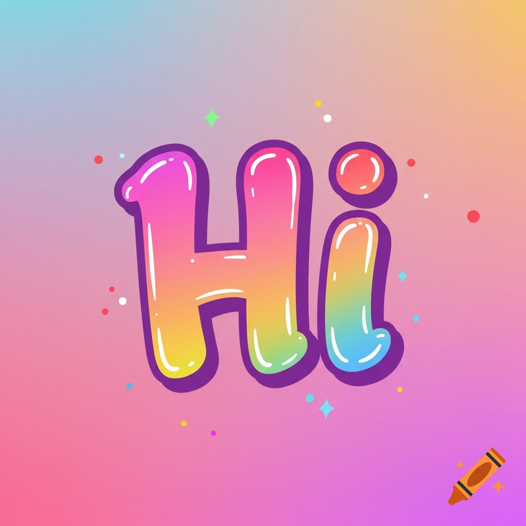 The word 'Hi' in a colorful bubble font on a pastel gradient background with sparkles.