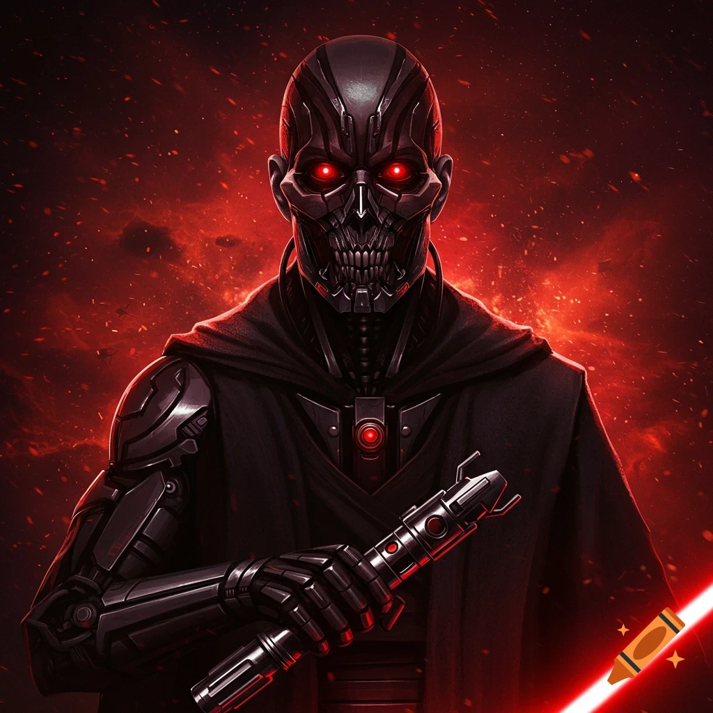 A cyborg figure in black robes with red eyes and a red lightsaber against a fiery background.