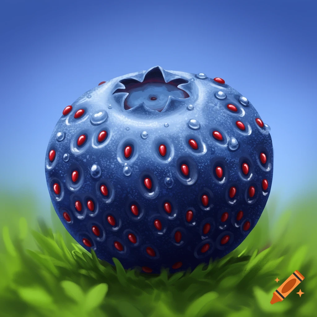 A hybrid strawberry and blueberry rests on the grass
