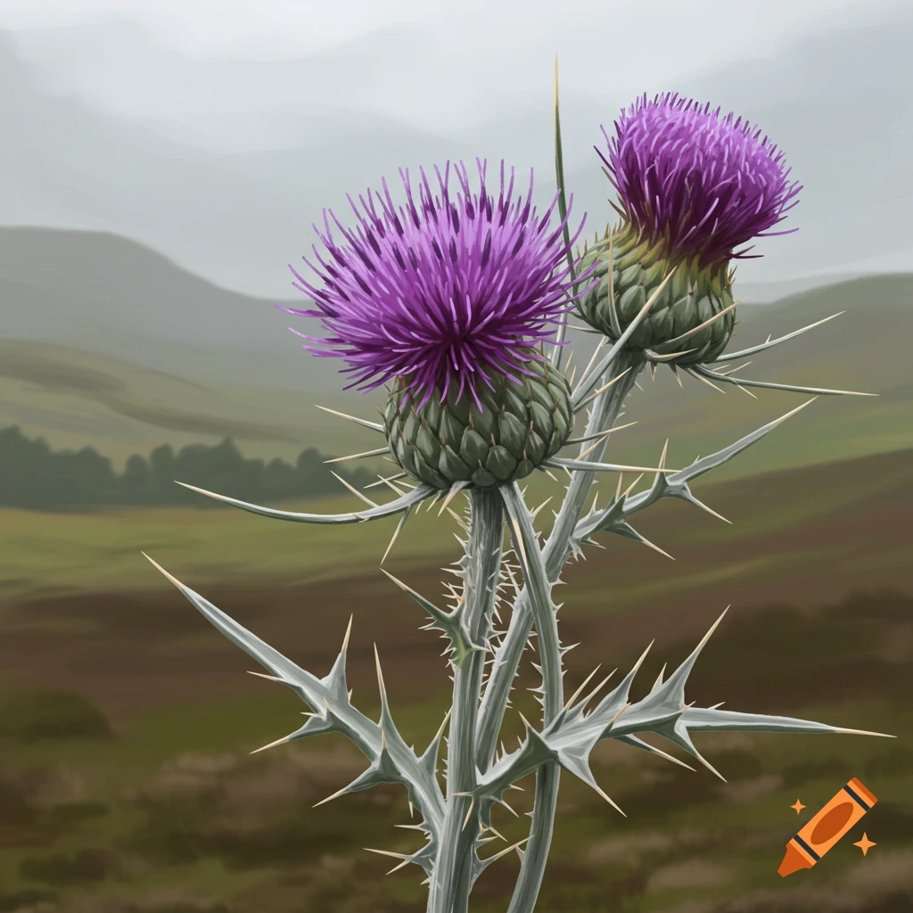 Purple thistles stand out against a misty green landscape.