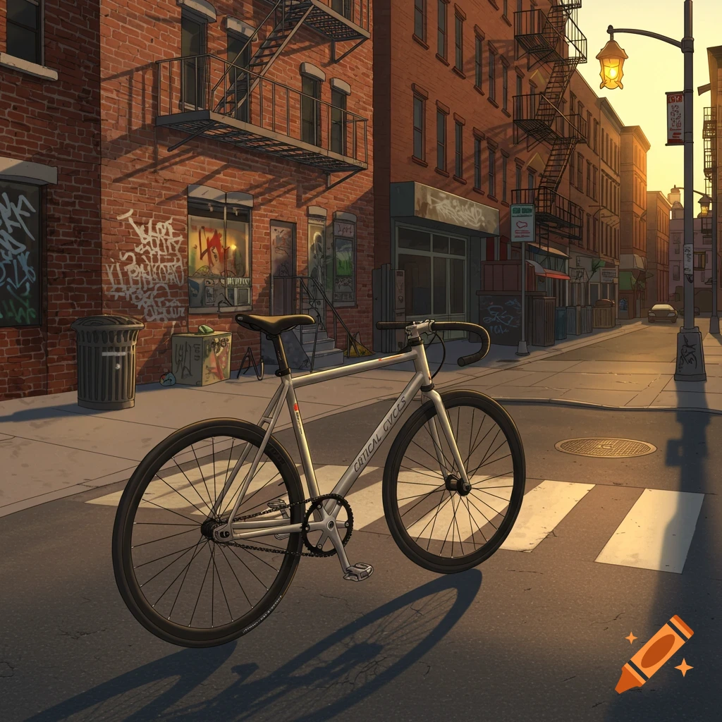 A white Critical Cycles fixed-gear bike is parked on a city street at sunset.