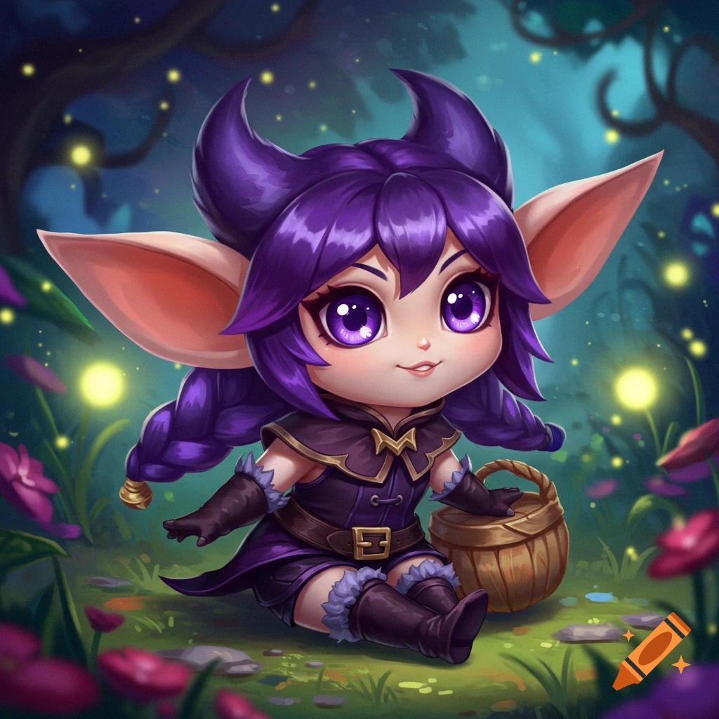 Cute purple yordle character with large ears and horns sits in a forest at night with a basket.