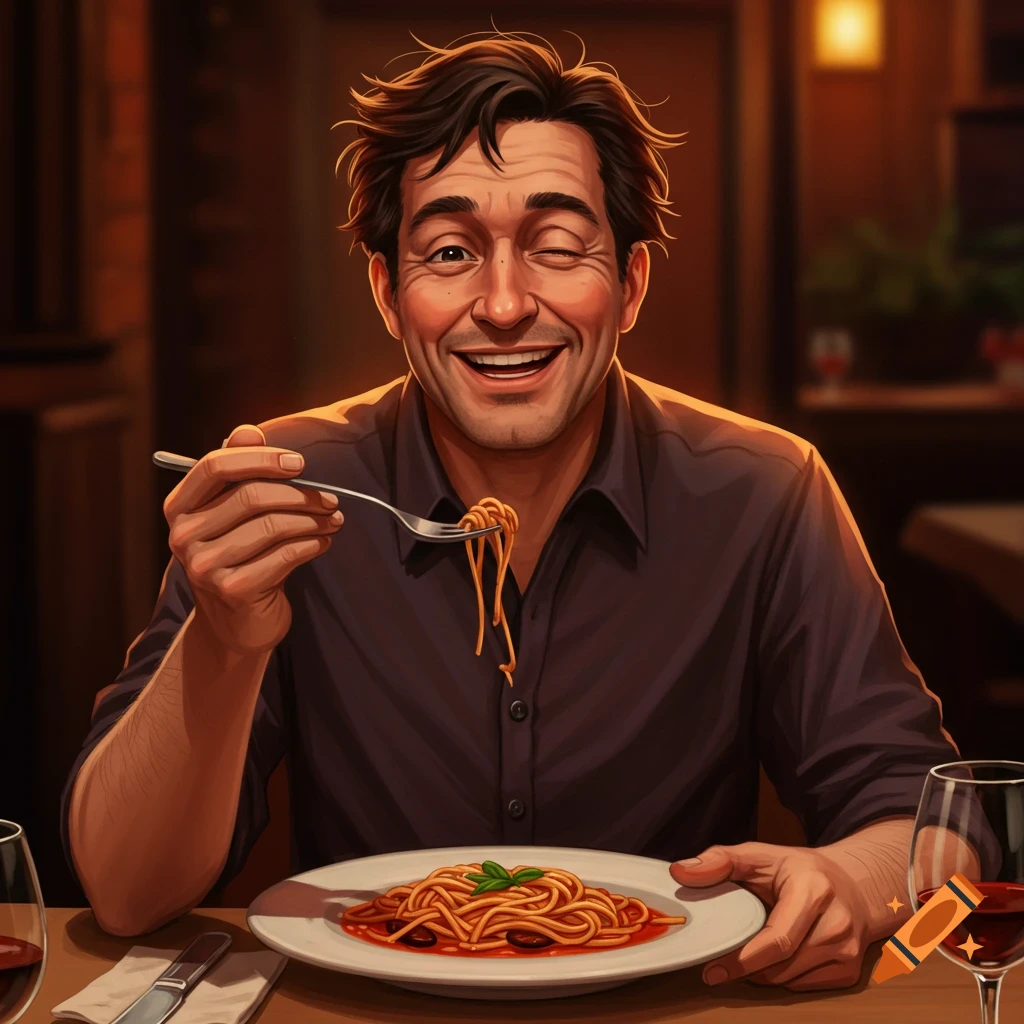 A man winking and smiling while eating spaghetti.