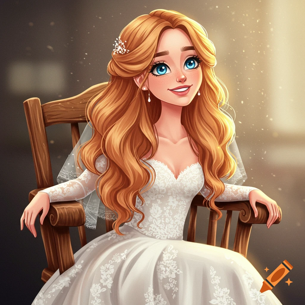 Cartoon woman with blonde hair and blue eyes in a wedding dress sitting in a wooden chair.