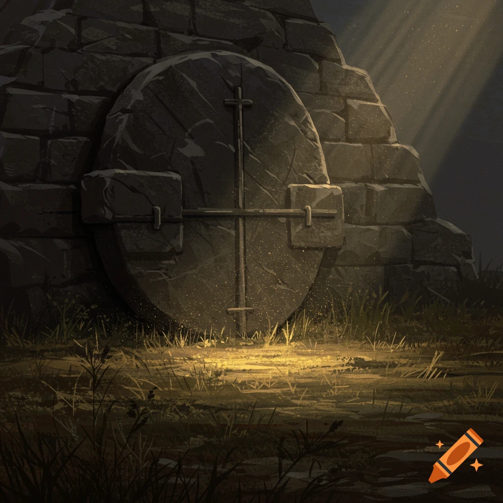 The stone is rolled in front of Jesus' tomb, with sunlight shining on the ground.