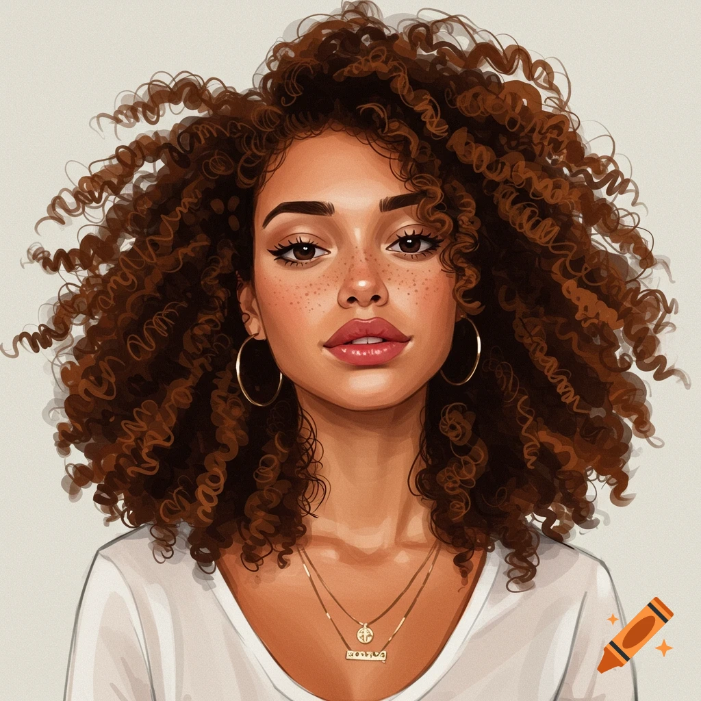 Portrait of a woman with curly brown hair, freckles, and hoop earrings.