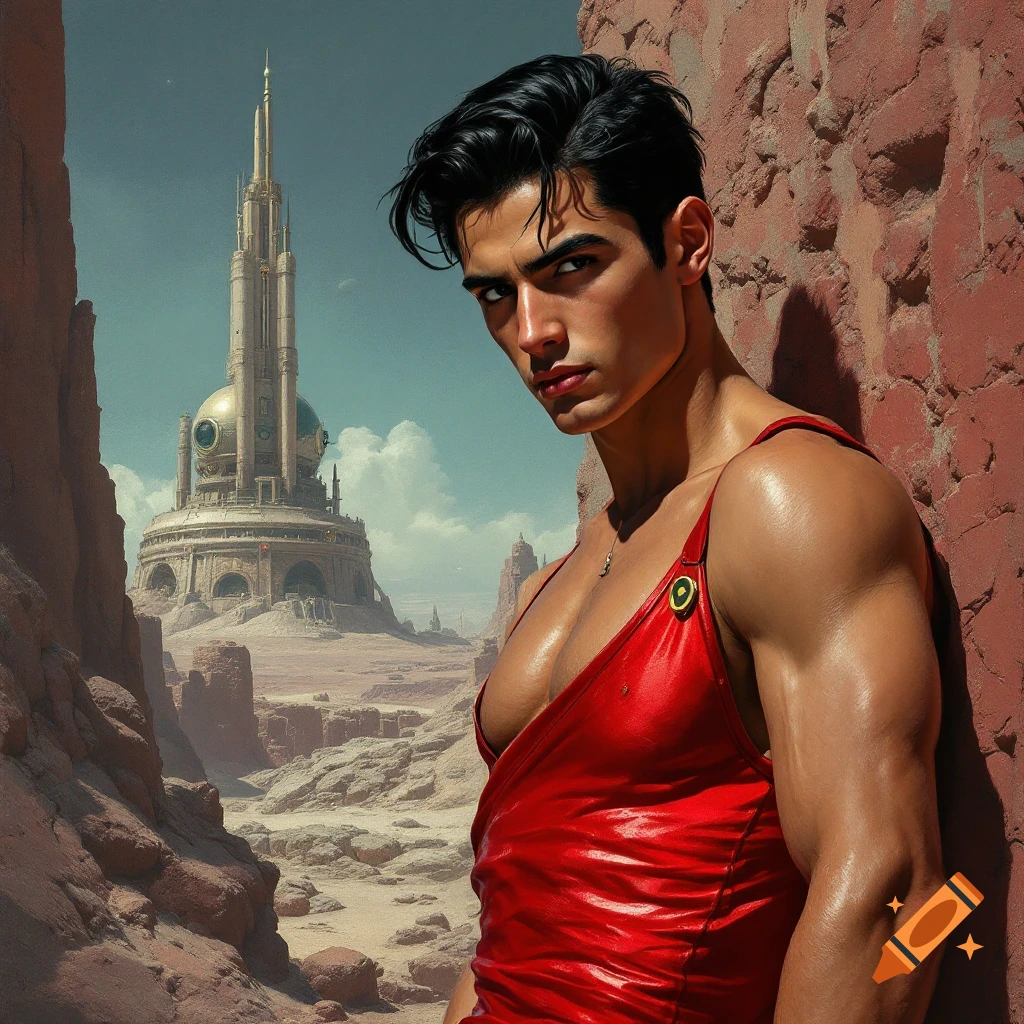 Muscular man in red singlet in sci-fi desert landscape with futuristic building, pulp art style.
