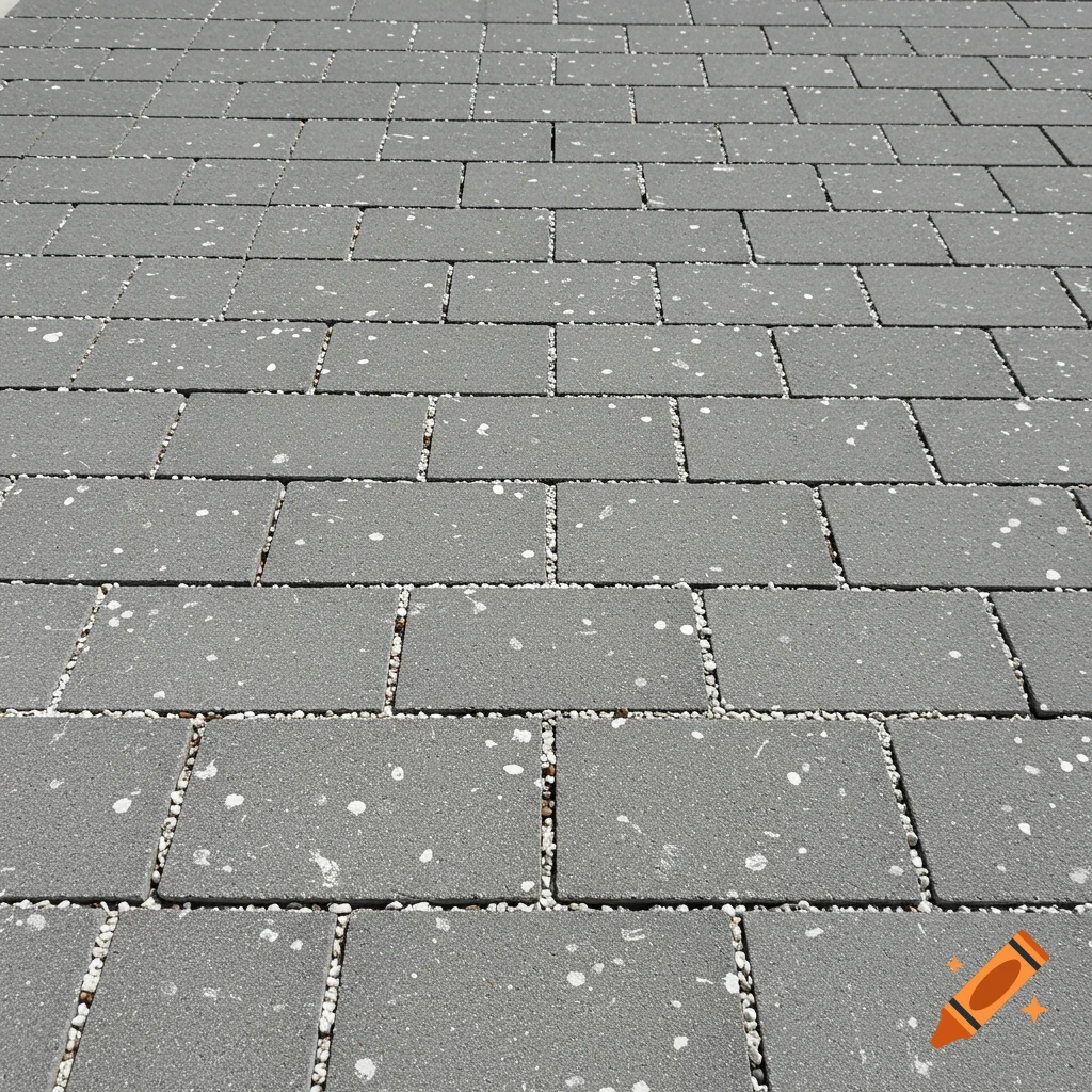 Close-up view of grey paver walkway with white marble chips